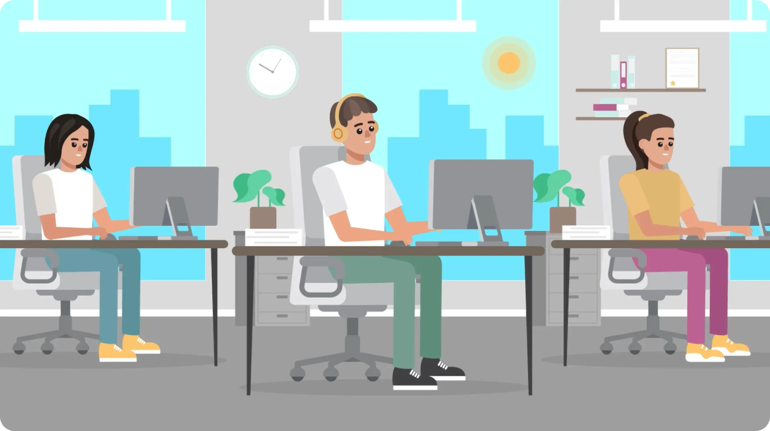 Standbild aus dem Nehl-IT Erklärvideo: drei Mitarbeitende sitzen an ihren Schreibtischen im Büro und arbeiten am Rechner.